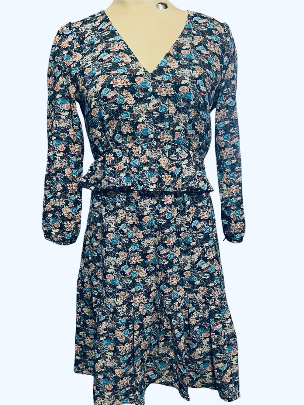 J. Crew Teal and Beige Floral V-Neck Midi Dress